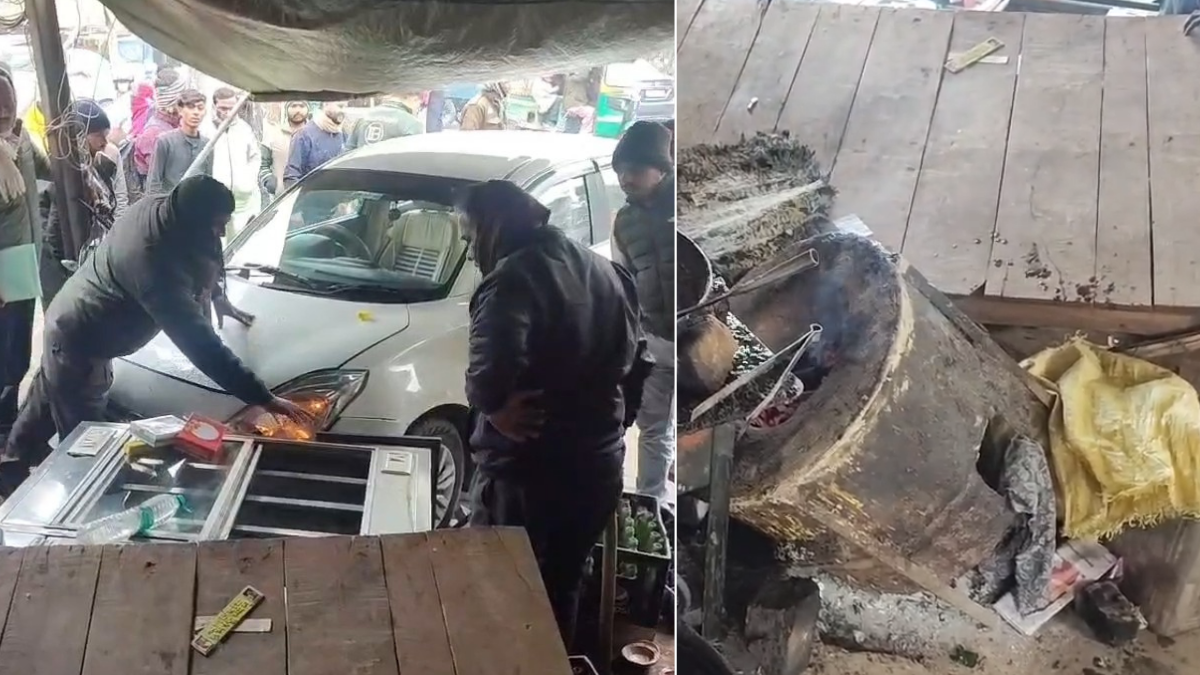 एटा में अलीगंज चुंगी के पास हलवाई की दुकान में घुसी क्षतिग्रस्त स्विफ्ट कार।