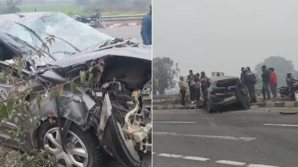 एटा में ट्रक और कार की टक्कर के बाद क्षतिग्रस्त कार का दृश्य और घटनास्थल।