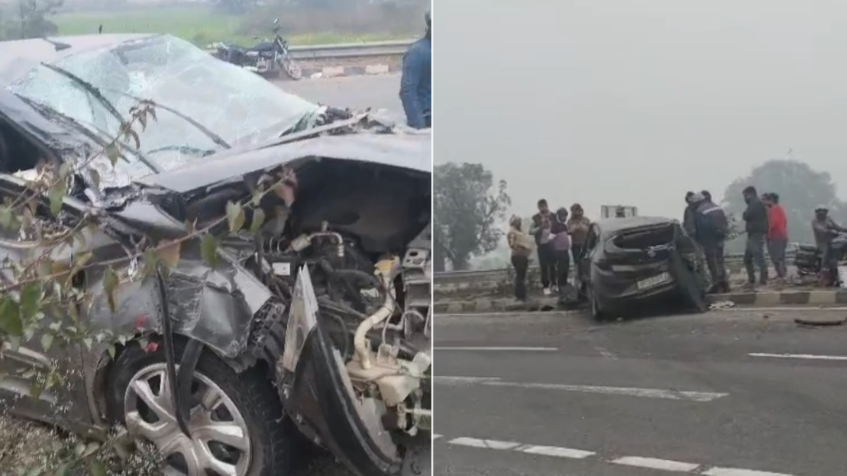 एटा में ट्रक और कार की टक्कर के बाद क्षतिग्रस्त कार का दृश्य और घटनास्थल।