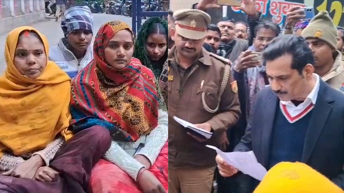 वाराणसी में पुलिस कमिश्नर मोहित अग्रवाल की गाड़ी के सामने जमीन विवाद की सुनवाई न होने पर धरने पर बैठीं महिलाएं।