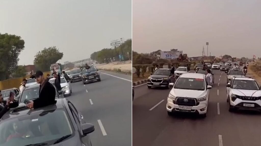 मथुरा हाईवे पर बाइक पर खतरनाक स्टंट करते स्कूल यूनिफॉर्म में नाबालिग, यातायात नियमों का उल्लंघन।