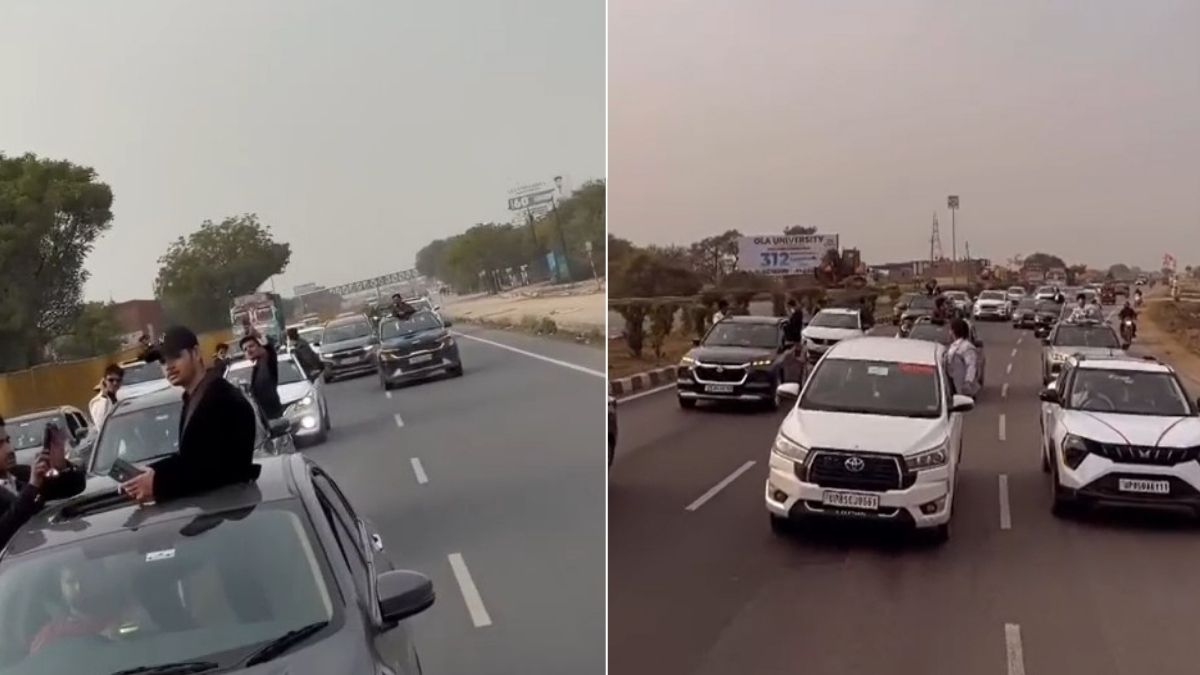 मथुरा हाईवे पर बाइक पर खतरनाक स्टंट करते स्कूल यूनिफॉर्म में नाबालिग, यातायात नियमों का उल्लंघन।