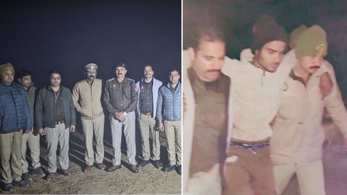 पुलिस मुठभेड़ में पकड़ा गया साइबर ठग सचिन, घायल अवस्था में अस्पताल ले जाते पुलिसकर्मी।