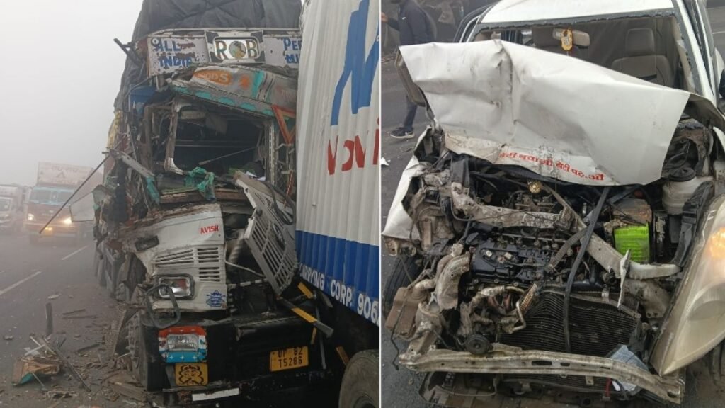 एटा हाईवे पर घने कोहरे के कारण आपस में टकराए 7 क्षतिग्रस्त वाहनों की तस्वीर और पुलिस बचाव कार्य।
