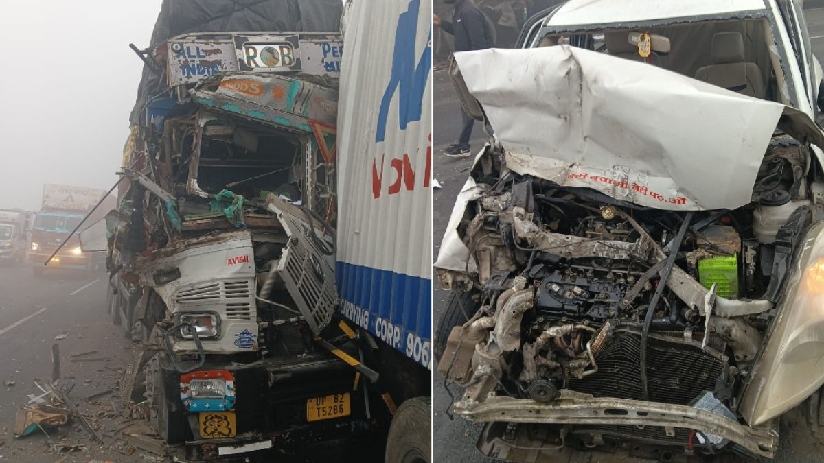 एटा हाईवे पर घने कोहरे के कारण आपस में टकराए 7 क्षतिग्रस्त वाहनों की तस्वीर और पुलिस बचाव कार्य।