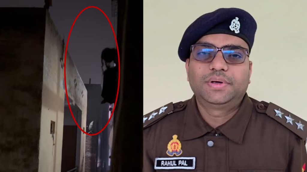 गाजियाबाद में 4 मंजिला छत से कूदने की धमकी दे रही किशोरी को सुरक्षित बचाते फायर सर्विस के जवान और पुलिसकर्मी।
