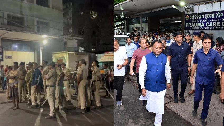 कटक के एससीबी मेडिकल कॉलेज अस्पताल के आईसीयू में लगी आग के बाद मौके पर पहुंची दमकल और बचाव टीम"